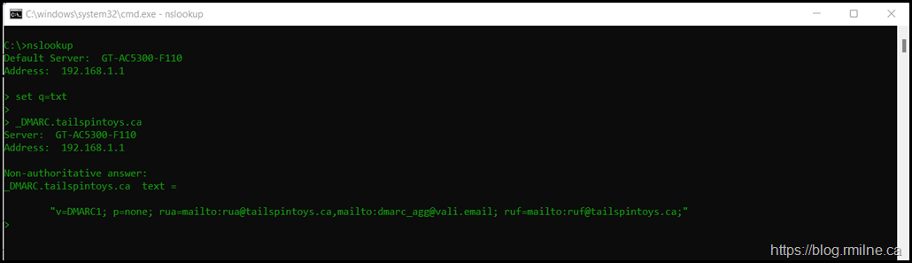 NSLOOKUP In Interactive Mode To Query DMARC Record