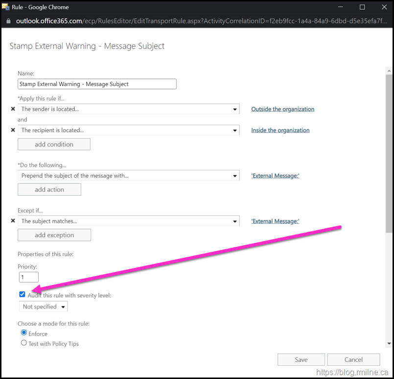Exchange Online Transport Rule Audit Enabled For This Rule