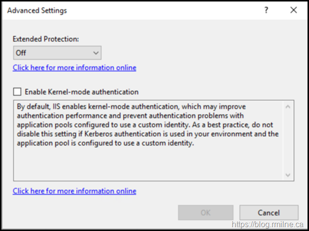 IIS Manager Showing Extended Protection Options