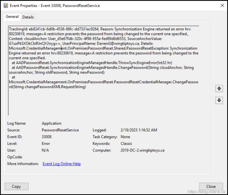 Reason: Synchronization Engine returned an error hr=80230619, message=A restriction prevents the password from being changed to the current one specified