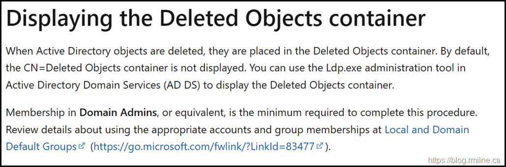 Displaying Deleted Objects Container