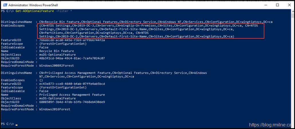 AD Recycle Bin Previously Enaled - Note The Entries In EnabledScopes Property
