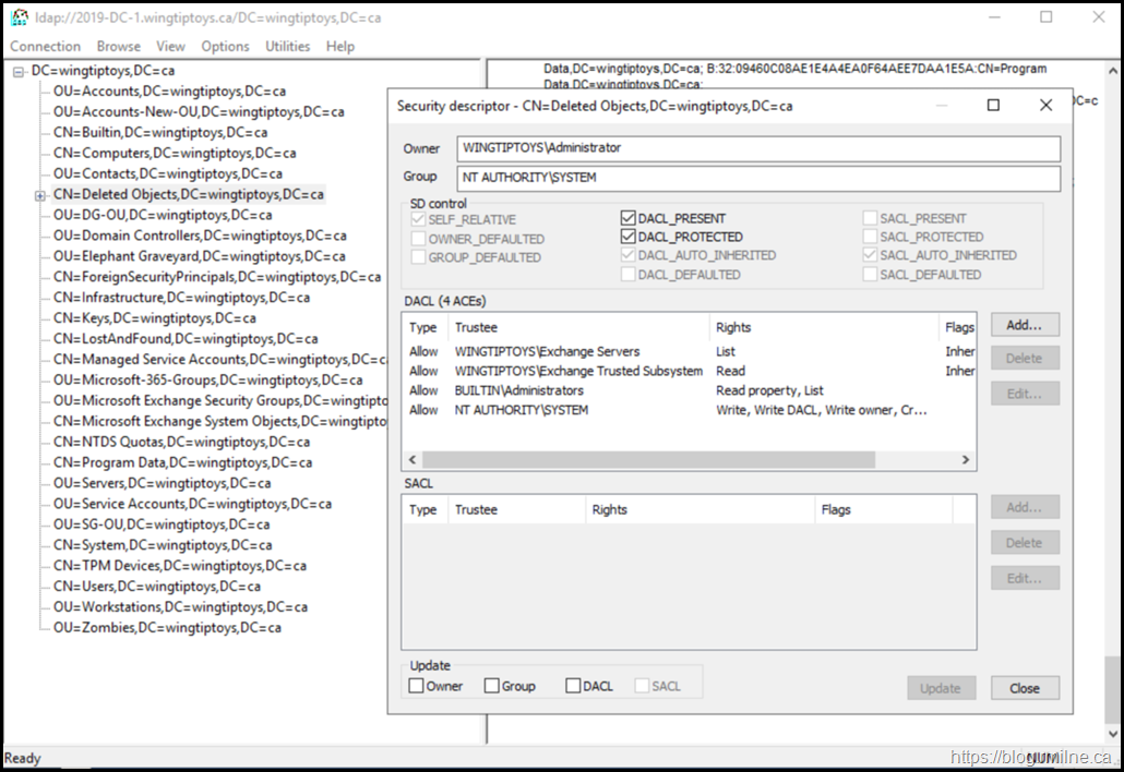 Lab Starting Permissions Set to Deleted Objects Container - Viewed in LDP