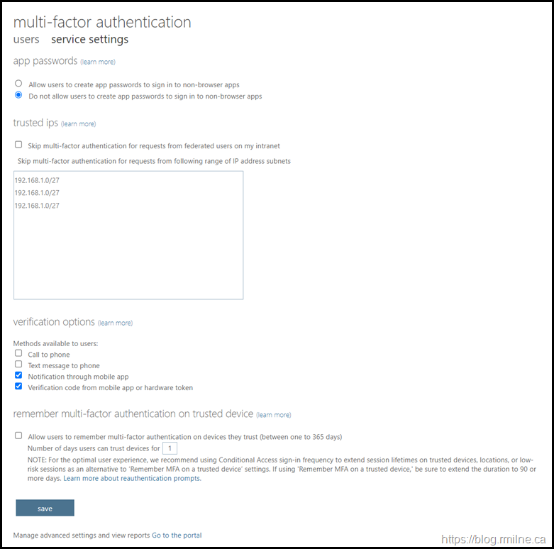 Legacy MFA Portal Settings