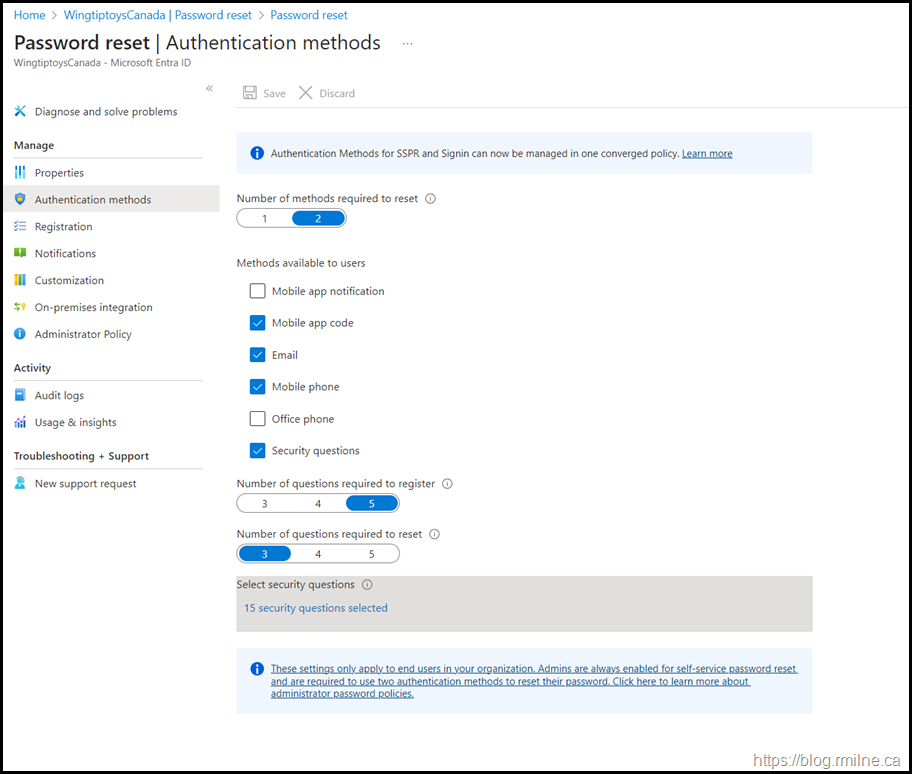 Legacy SSPR Portal Settings