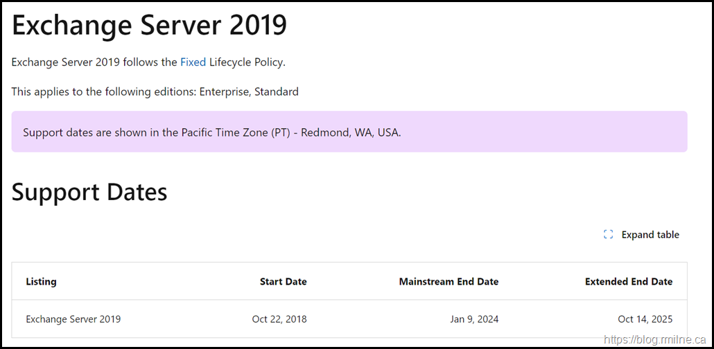 Exchange 2019 Support Lifecycle