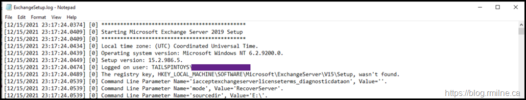 Exchange Server Setup Log - RecoverServer Parameter Shown