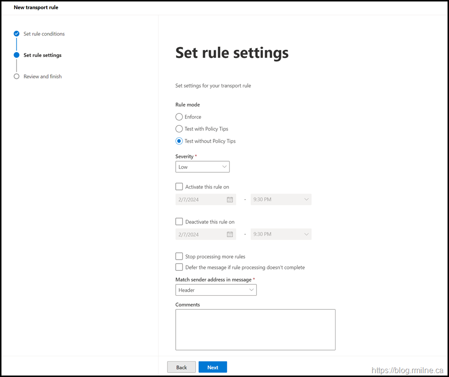 Create Exchange Transport Rule To Block onmicrosoft.com Spam - Rule Settings