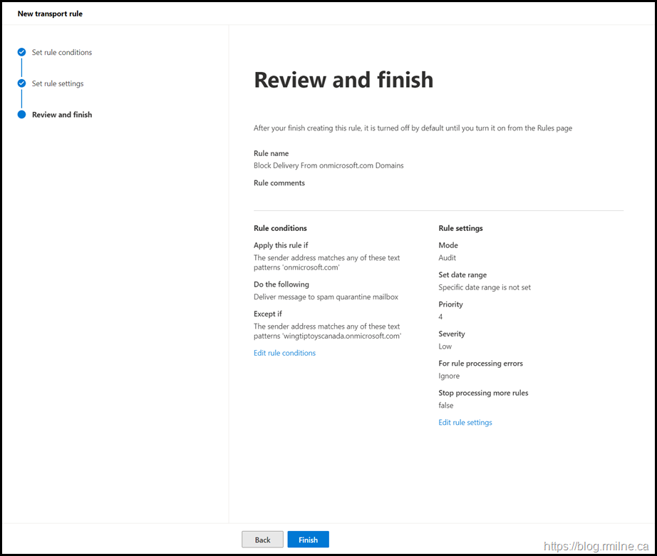 Create Exchange Transport Rule To Block onmicrosoft.com Spam - Review Settings
