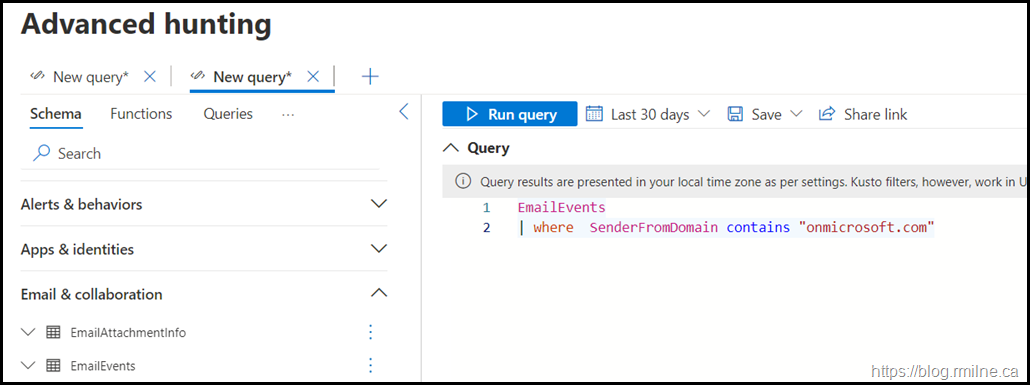 KQL Query To Show Email From onmicrosoft.com Domains