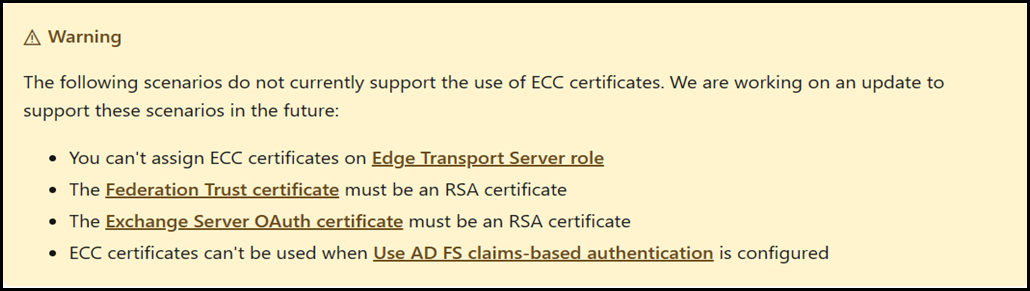 Exchange ECC Certificate - Unsupported Scenarios