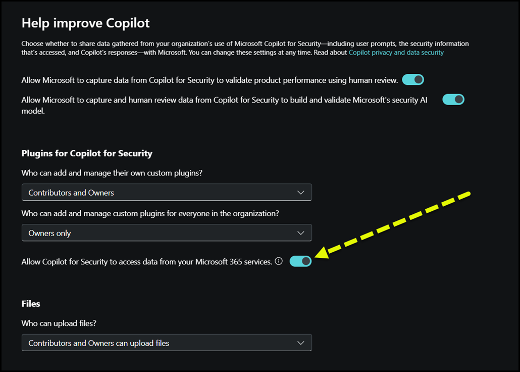 Toggle Enabled As a Global Admin - Allow Copilot for Security to access data from your Microsoft 365 services