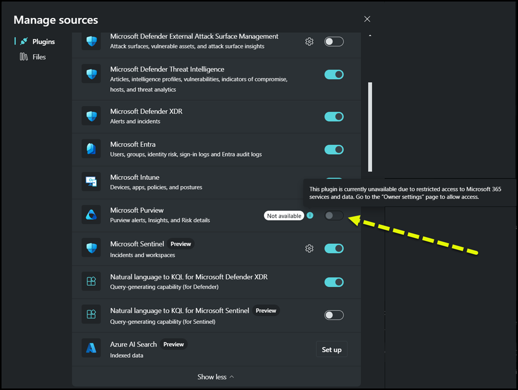 Purview Plugin - This plugin is currently unavailable due to restricted access to Microsoft 365 services and data. Go to the “Owner settings” page to allow access.