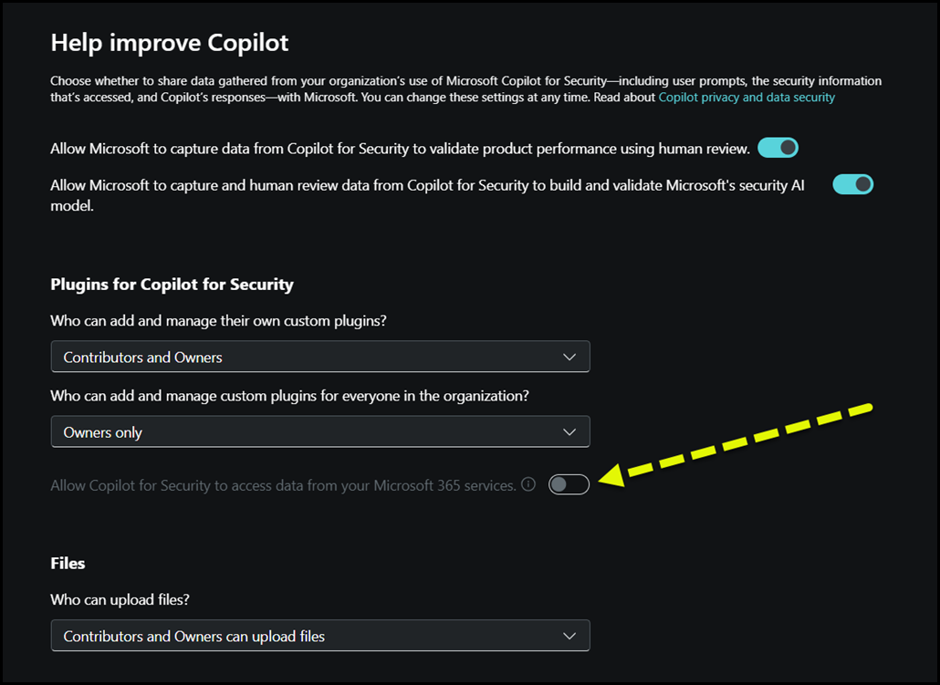 Toggle greyed out for - Allow Copilot for Security to access data from your Microsoft 365 services