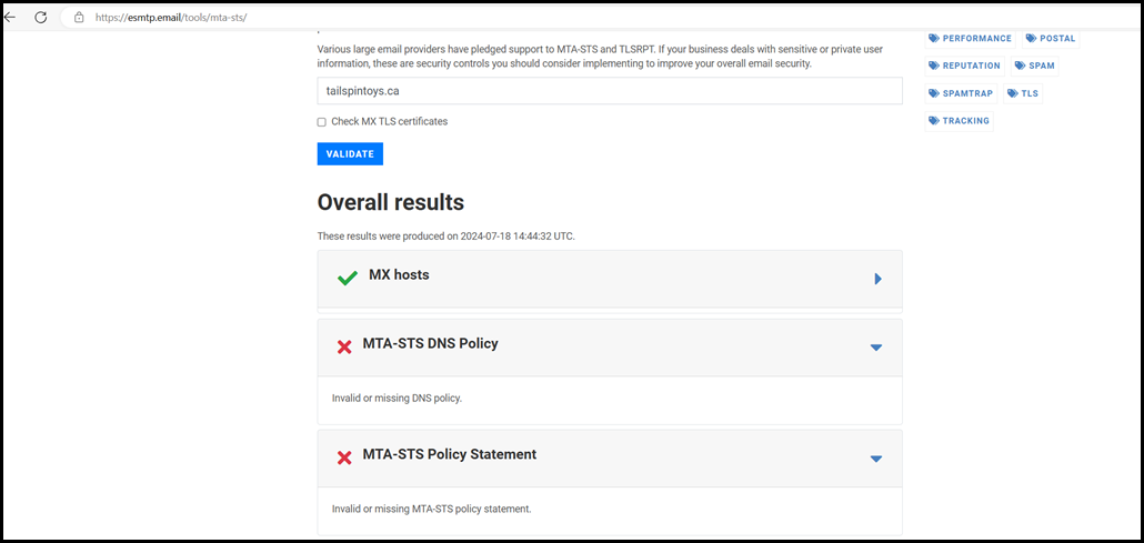 Testing MTA-STS.txt File Using ESMTP Online Tool