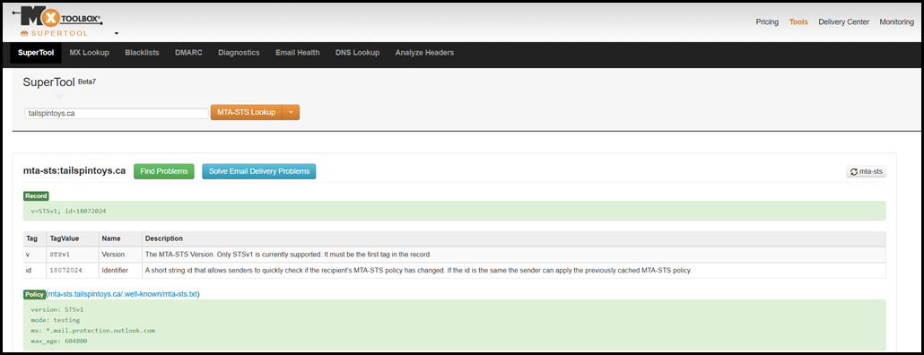 Testing MTA-STS.txt File Using MXToolbox Online Tool