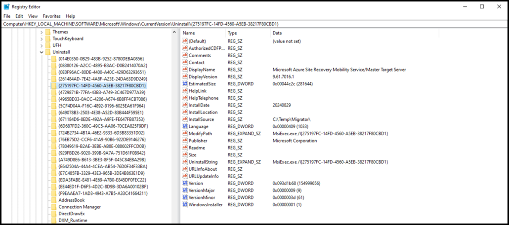 Mobility Service Uninstall Registry Information