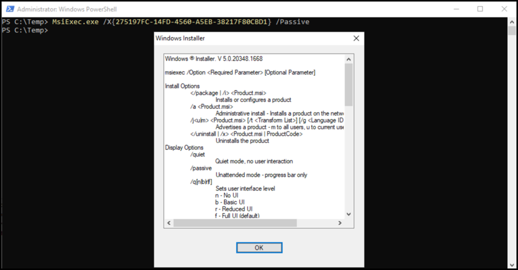 PowerShell Command Fails With Unexpected MSIEXEC Help File