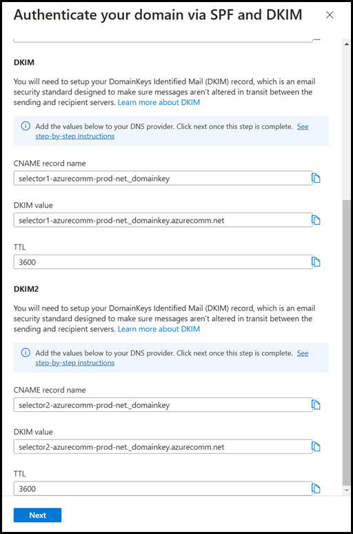 Azure Communication Service - DKIM Record Details