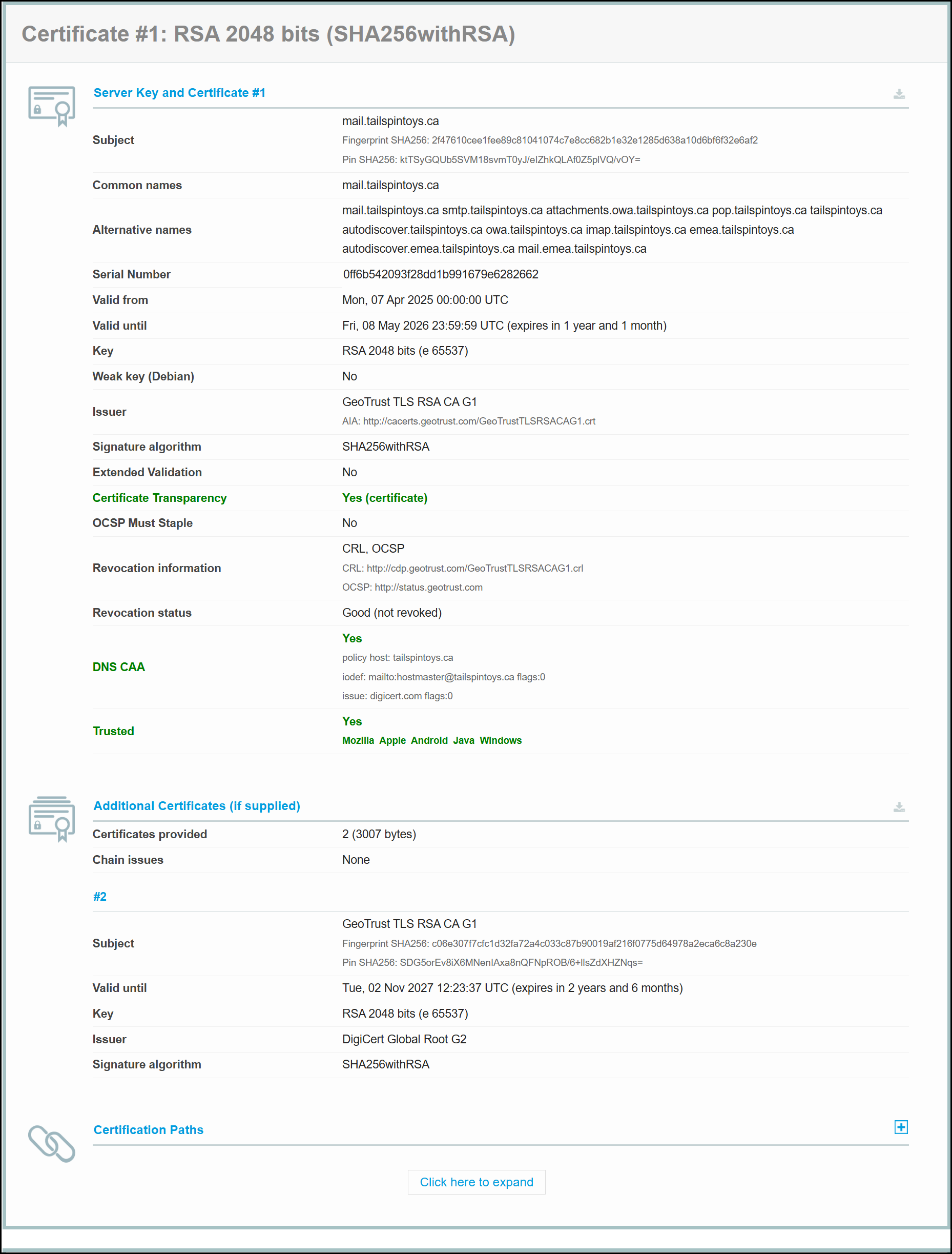 Exchange Server 2019 CU14 TLS Scan Results - Certificate Details