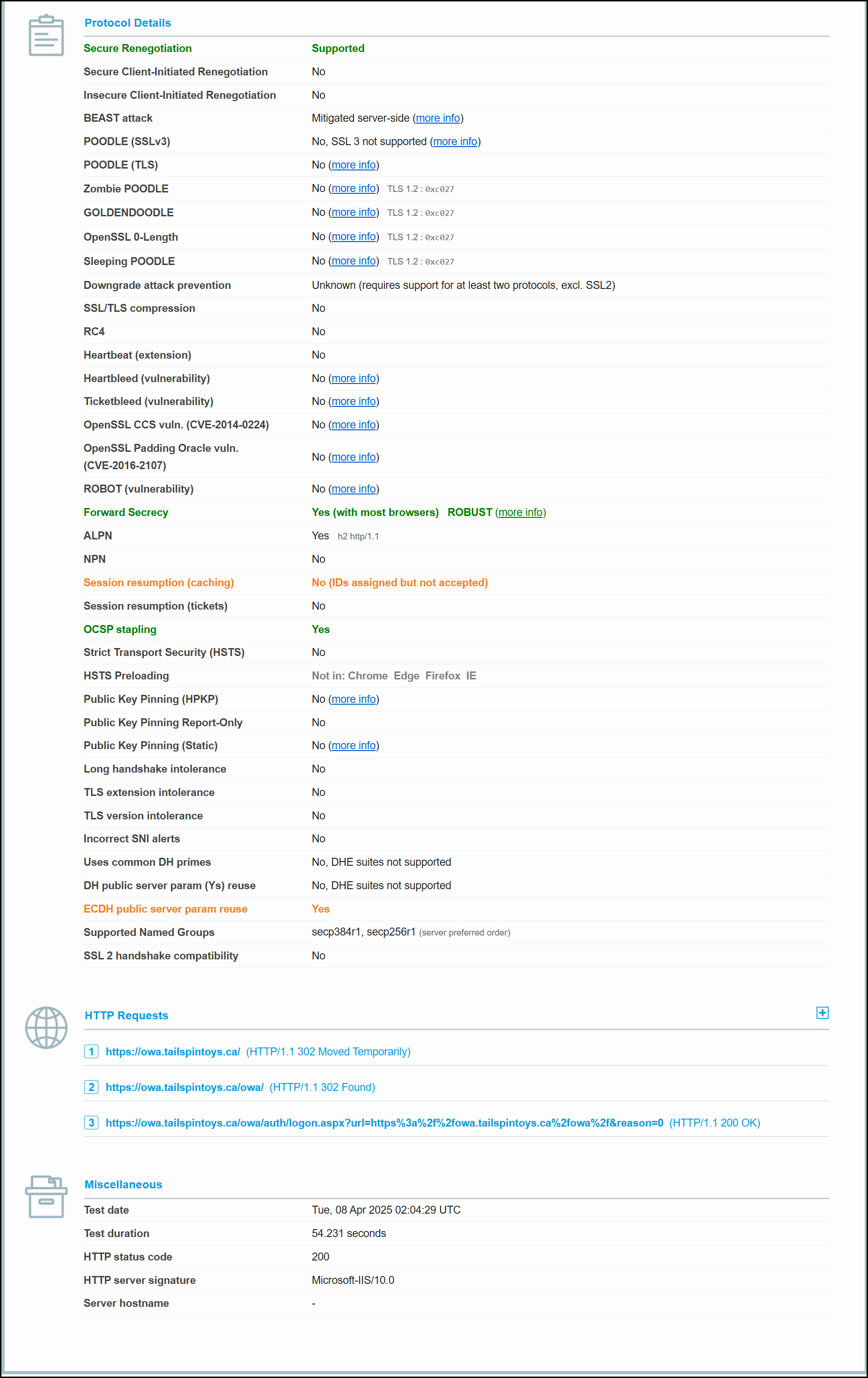 Exchange Server 2019 CU14 TLS Scan Results - Protocol Details