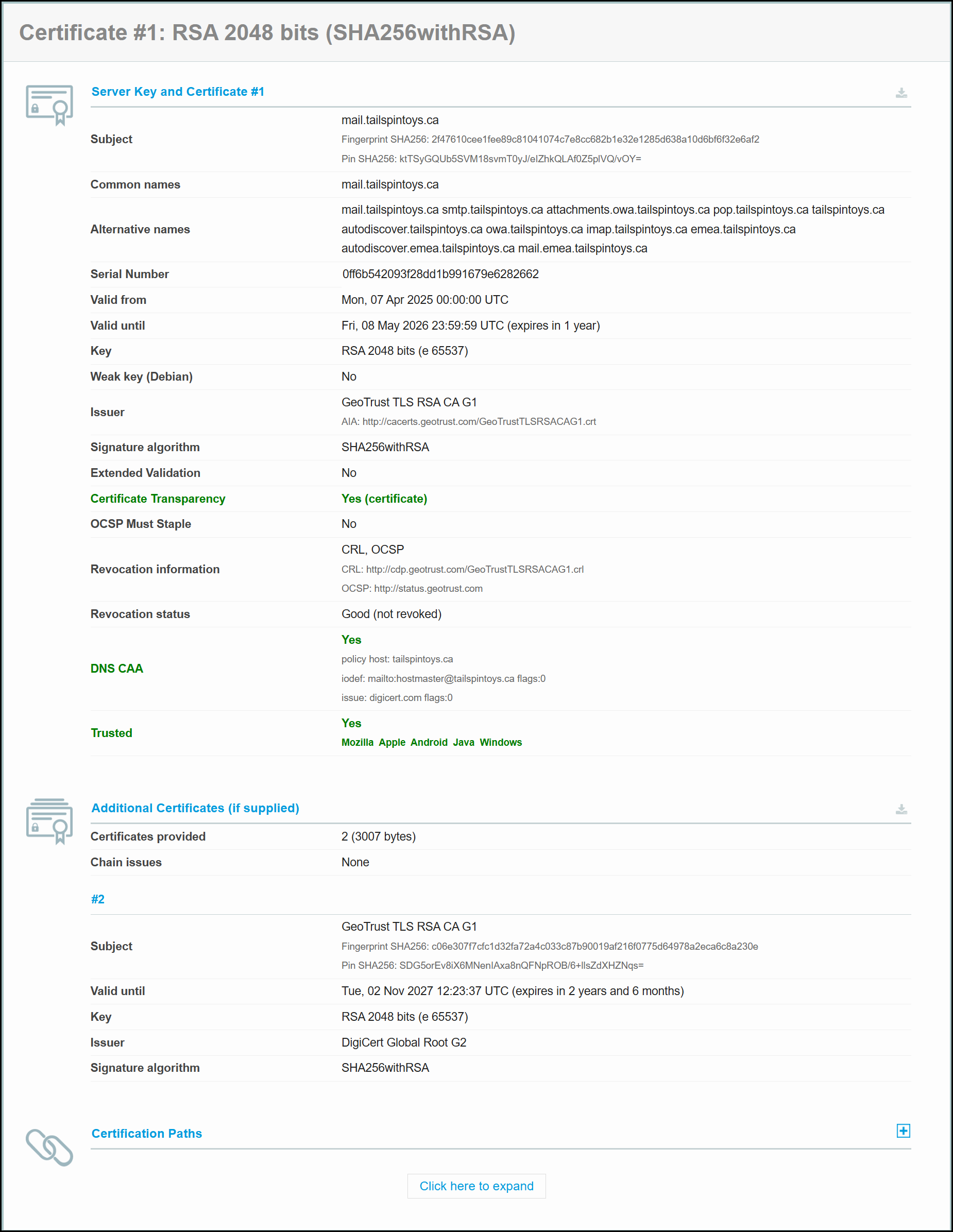 Exchange Server 2019 CU15 TLS Scan Results - Certificate Details