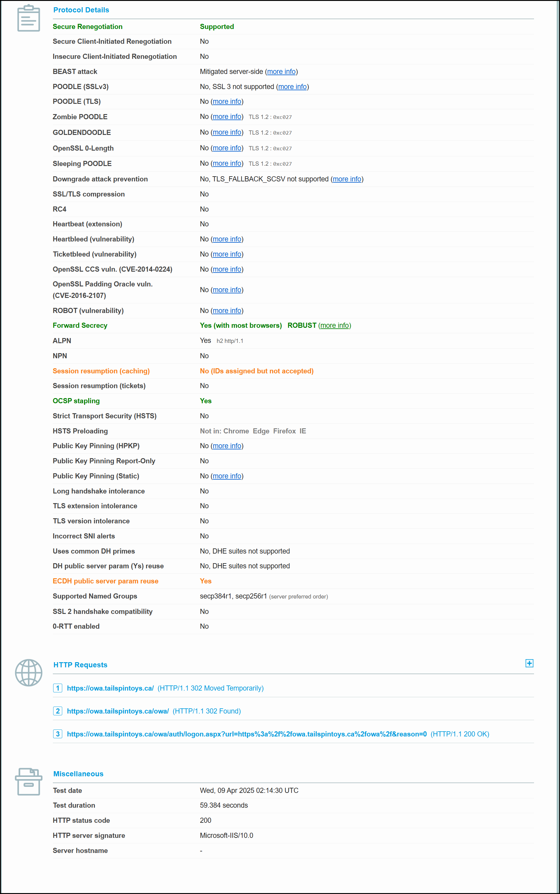 Exchange Server 2019 CU15 TLS Scan Results - Protocol Details