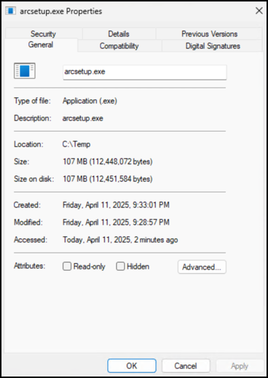 Downloaded ARC Setup Version Details & Size