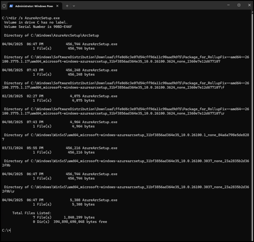 Searching For All Copies of AzureArcSetup. exe To See Size/Version Information