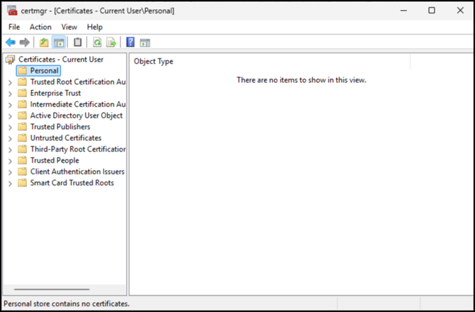 Current User Certificate Store - No Certificates Present