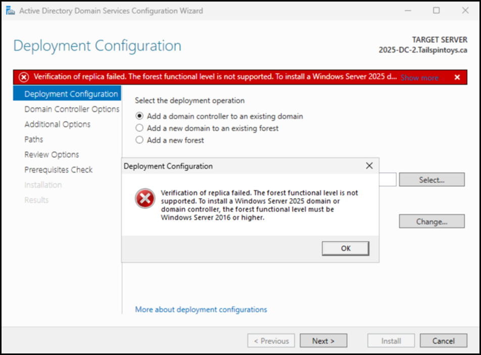 Windows Server 2025 DC Blocked By Unsupported FFL