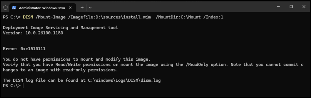DISM Error - You do not have permissions to mount and modify this image