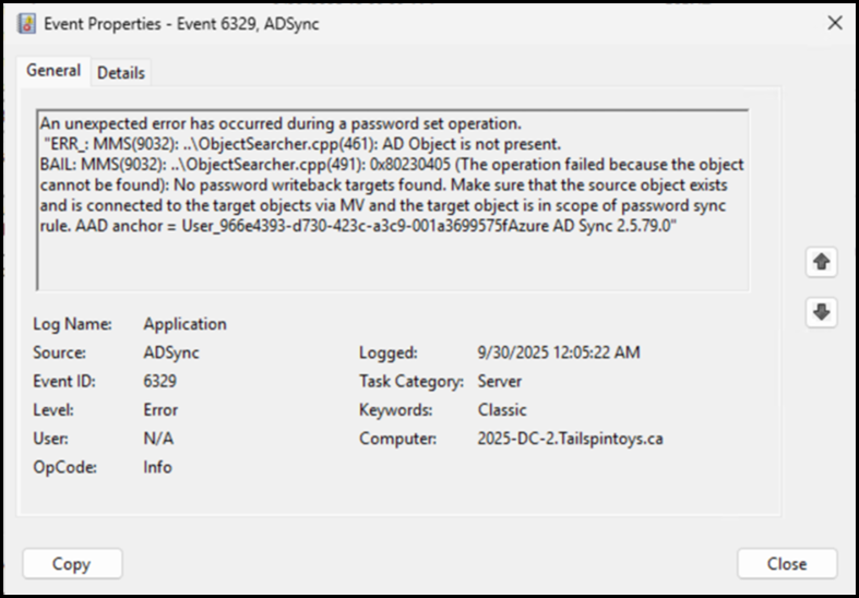 EventID 6329 An unexpected error has occurred during a password set operation