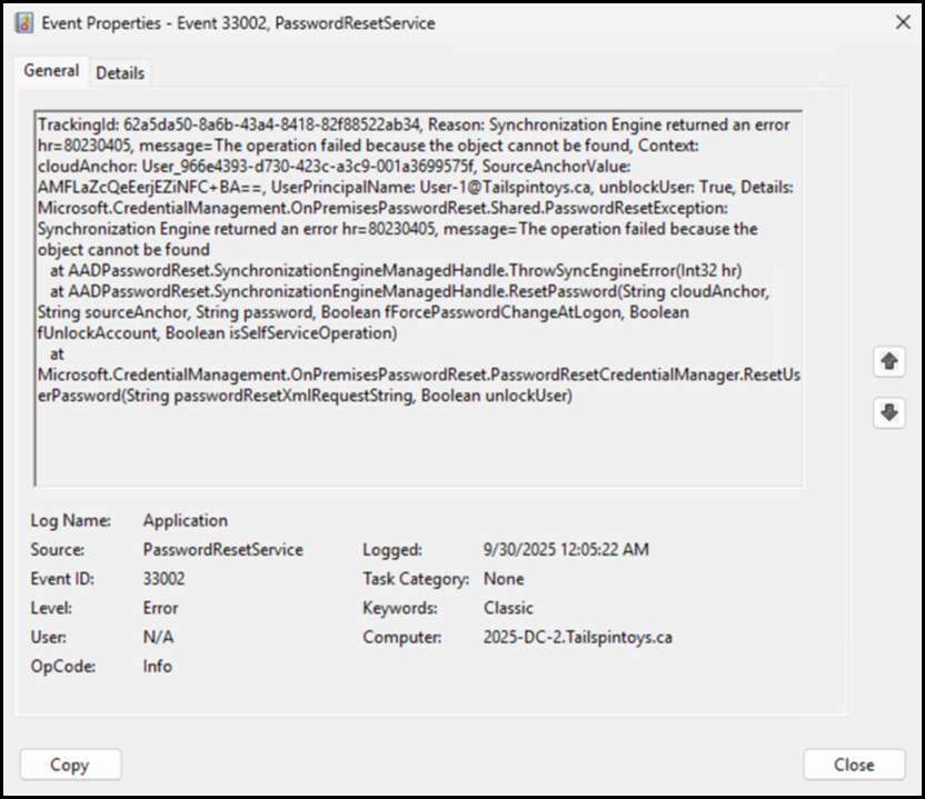 EventID 33002 - error hr=80230405, message=The operation failed because the object cannot be found