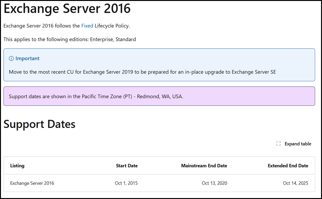 Exchange Server 2016 End of Support
