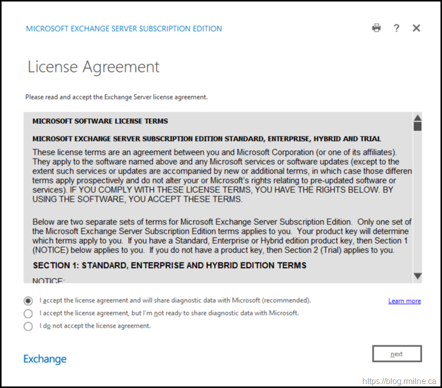 Exchange Subscription Edition Install - License Agreement