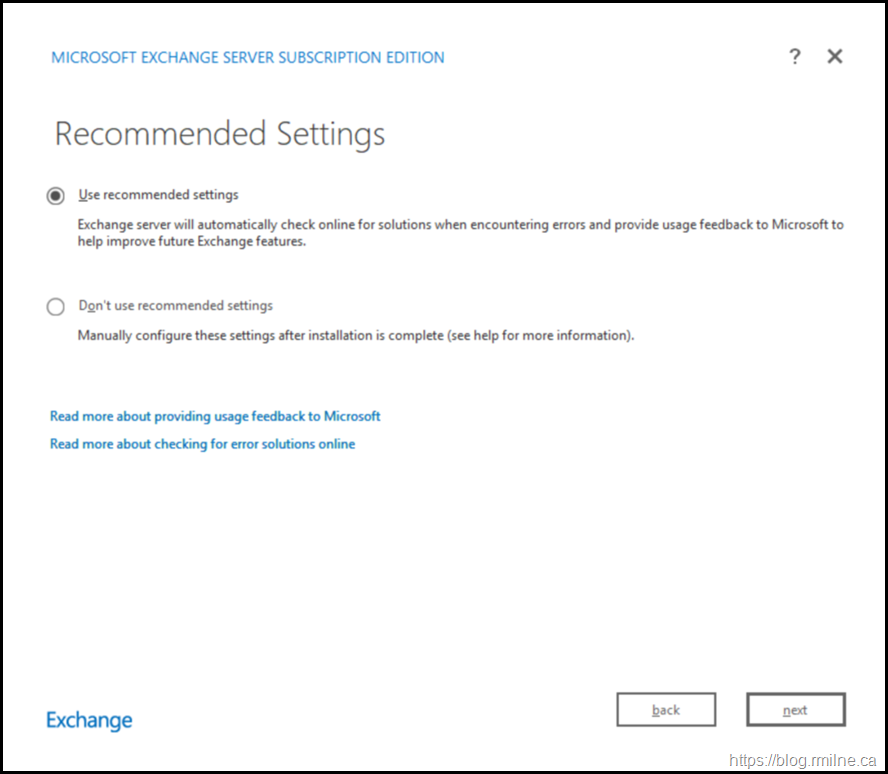 Exchange Subscription Edition Install - Recommended Settings