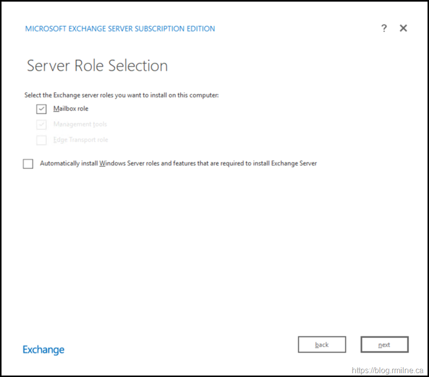 Exchange Subscription Edition Install - Mailbox Role Selected